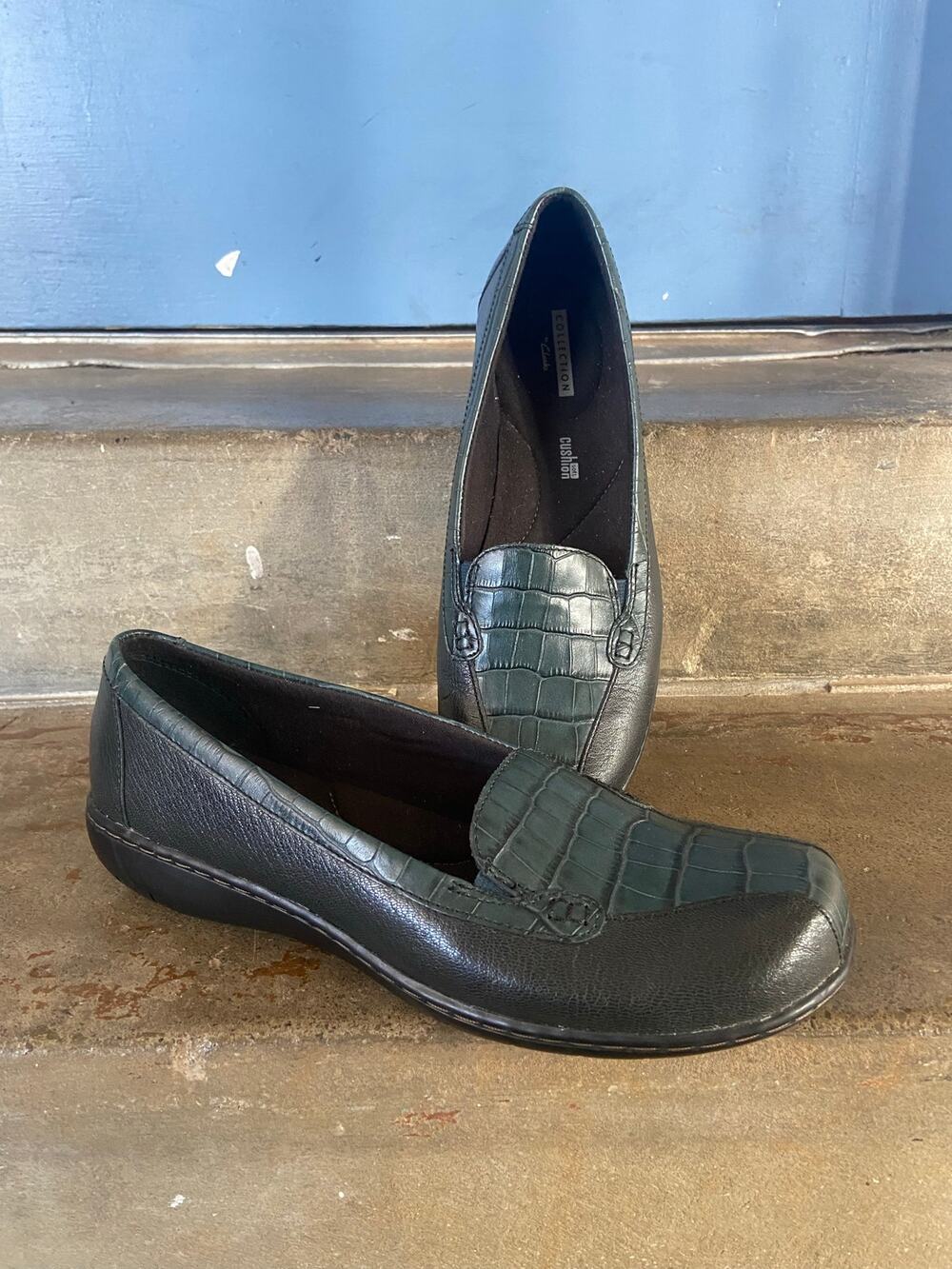 Clarks Ashland Bayou dark teal leather slip on loafer with croco embossed detail
